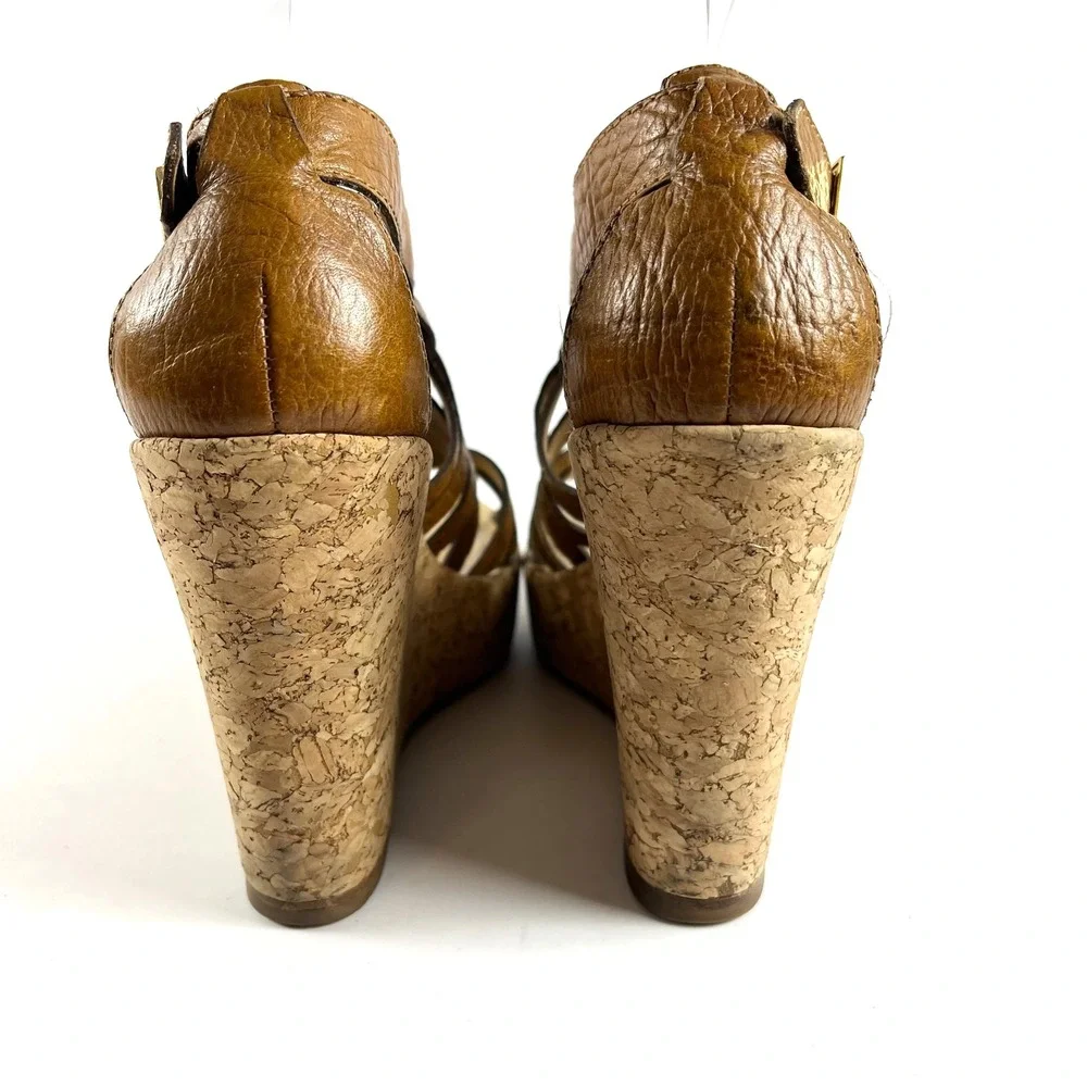 TORY BURCH Anamarte Brown Cork Wedge Platform Sandals Size‎ 9.5 M Leather Buckle